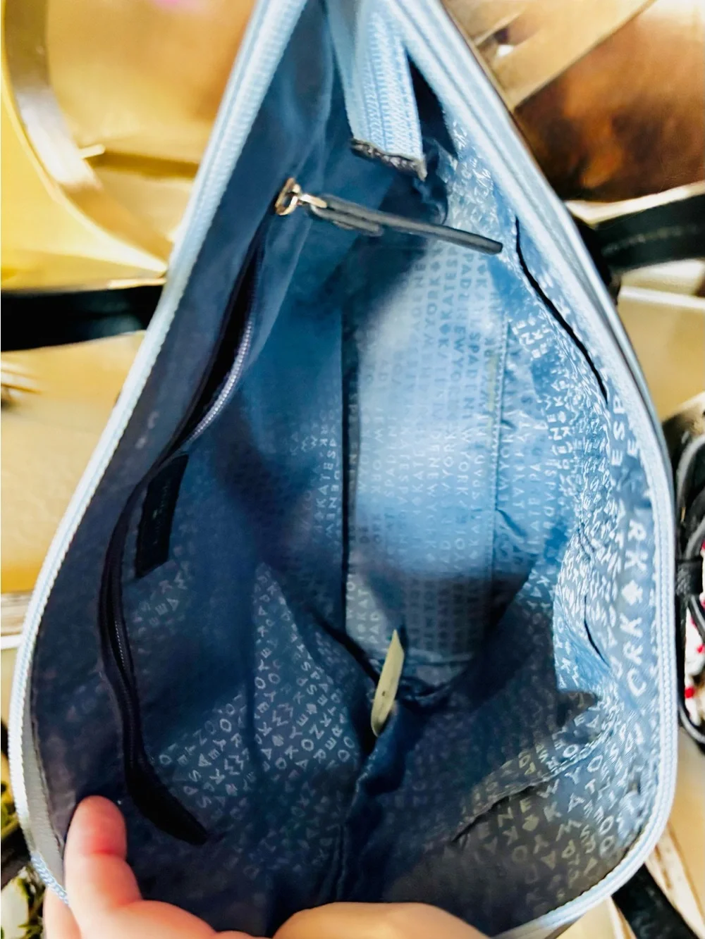 kate spade Glitter Tote in Light Blue with Black Trim